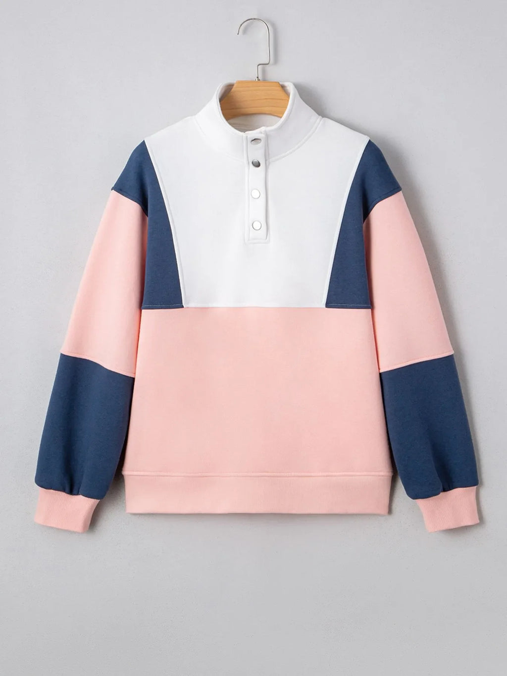 Women Color block Patchwork Half Button Baggy Sweatshirt