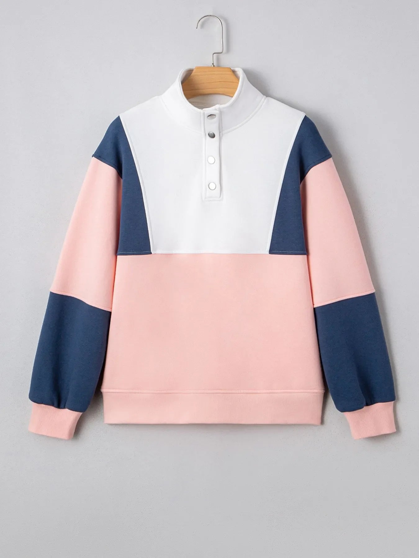 Women Color block Patchwork Half Button Baggy Sweatshirt