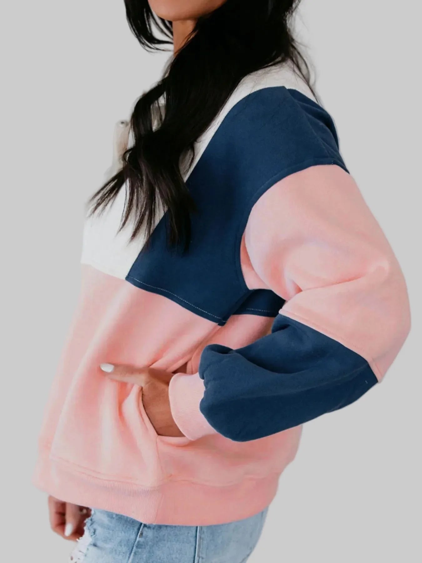 Women Color block Patchwork Half Button Baggy Sweatshirt