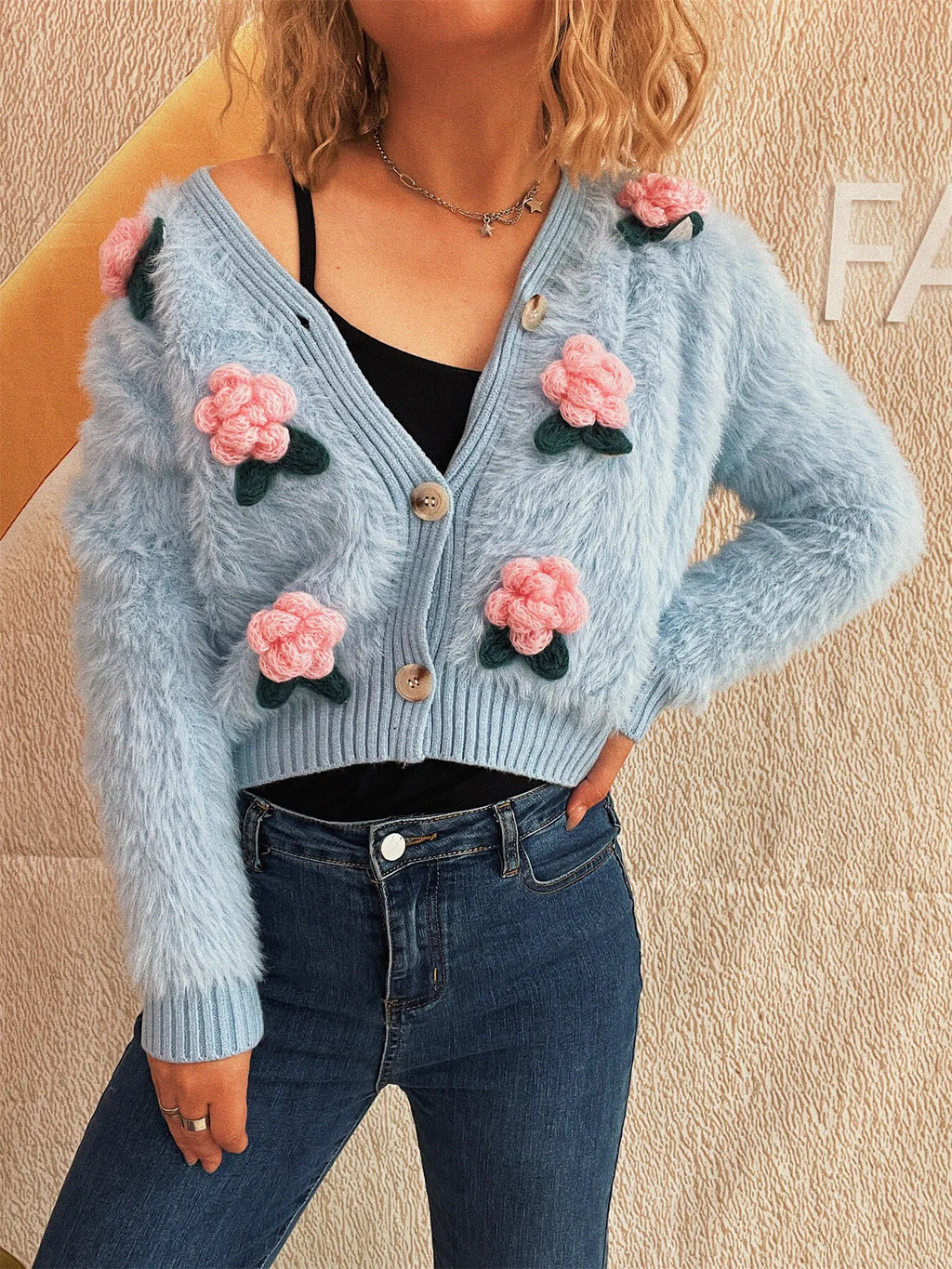 Women Flower Fuzzy Button-Up Cardigan
