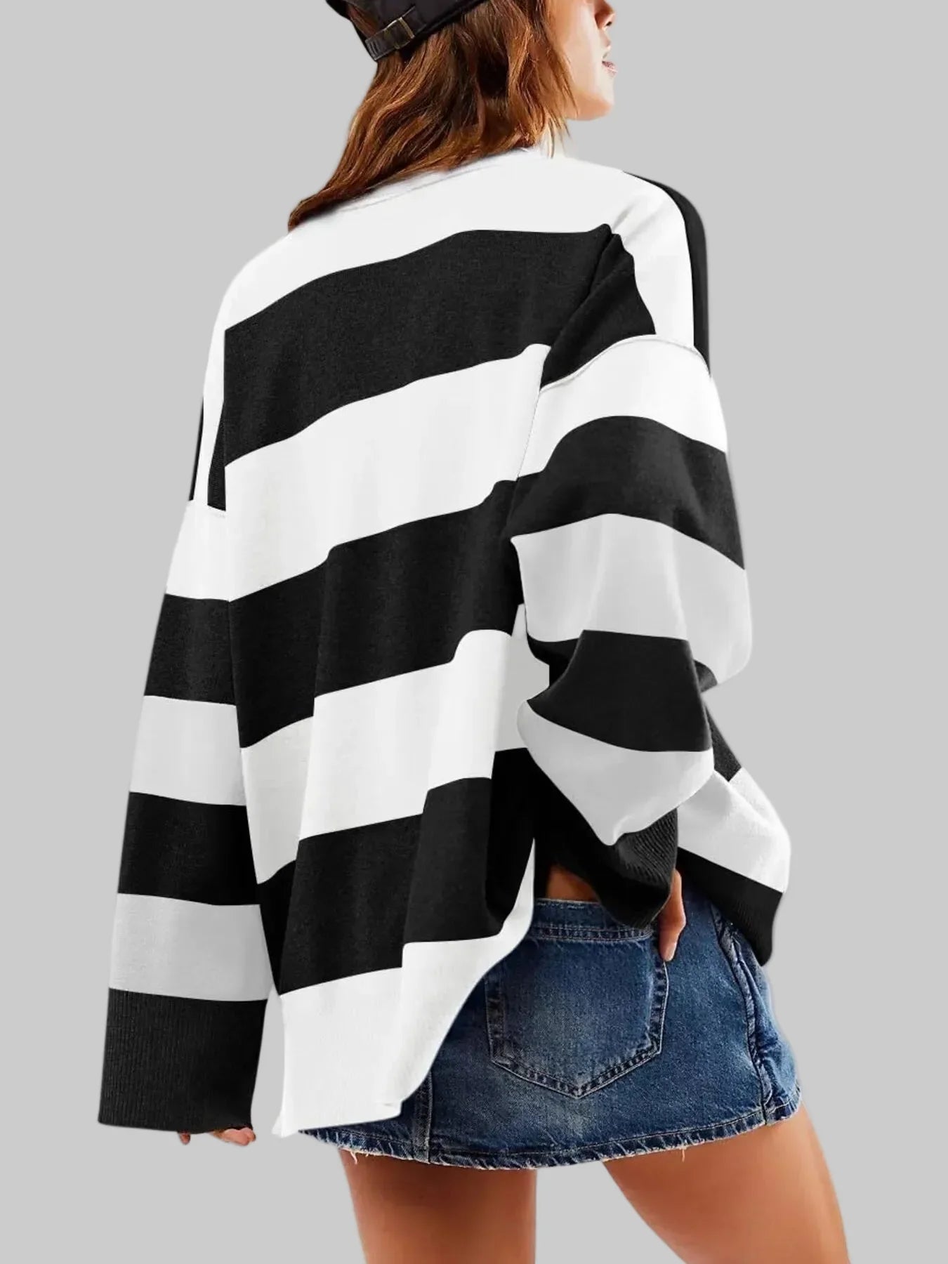 Women Striped Half-Zip Oversized Sweatshirt