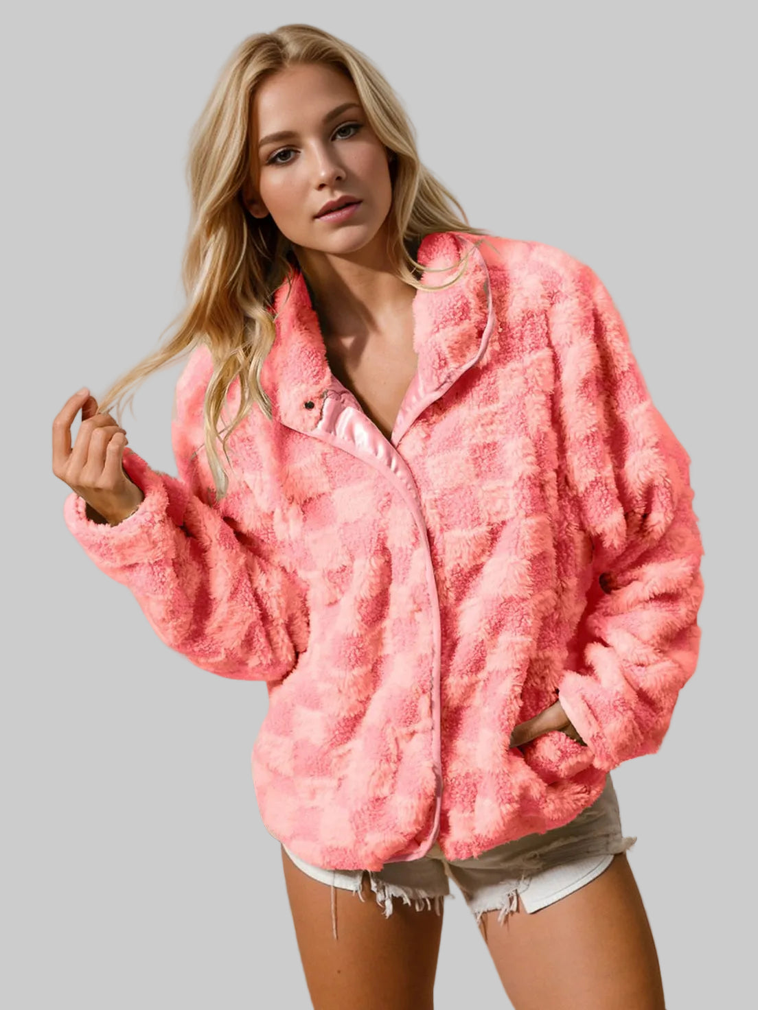Women Double Take Checkered Long Sleeve Fuzzy Jacket