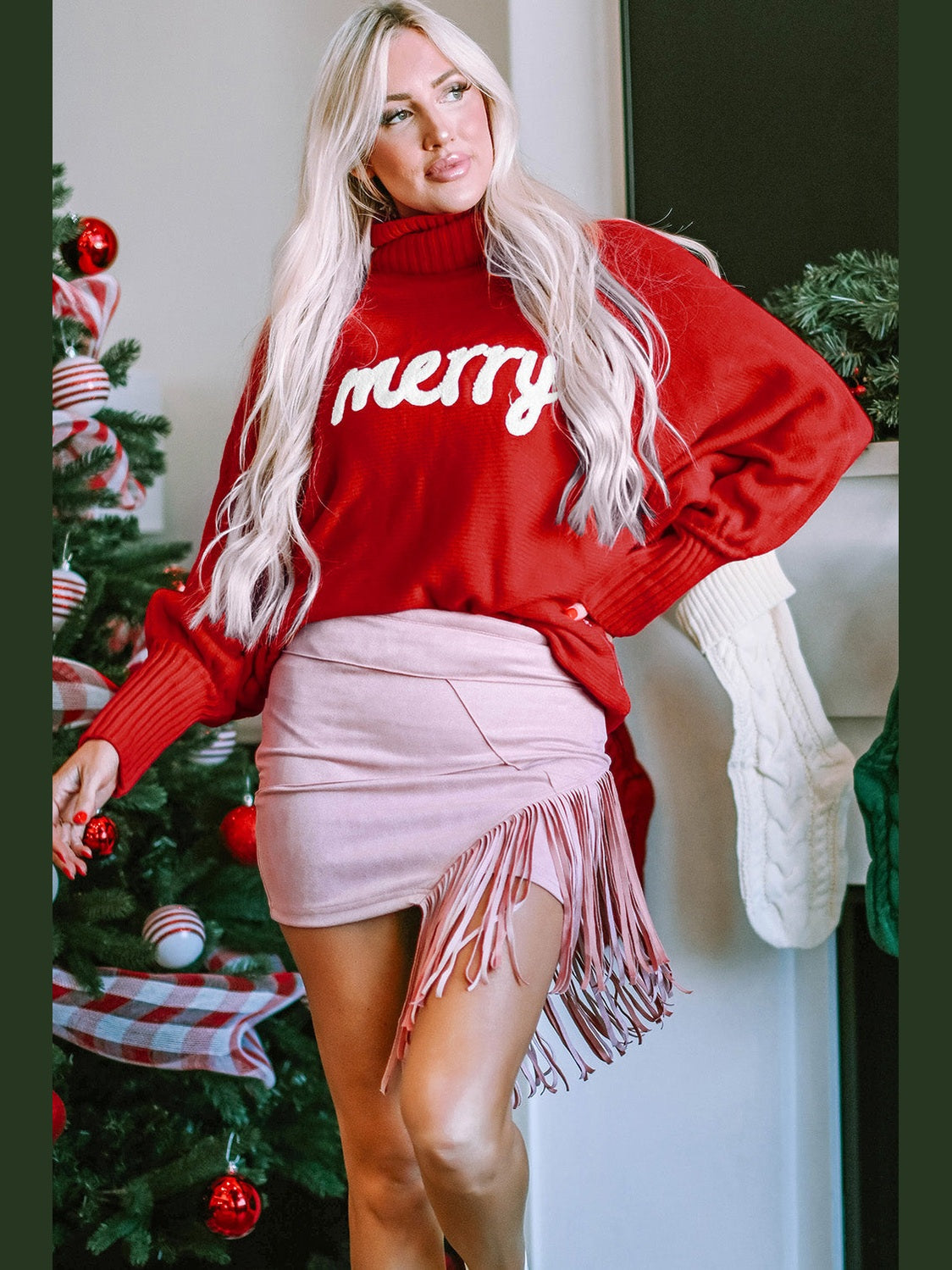 Women Double Take Full Size Merry Christmas Turtleneck Long Sleeve Sweater