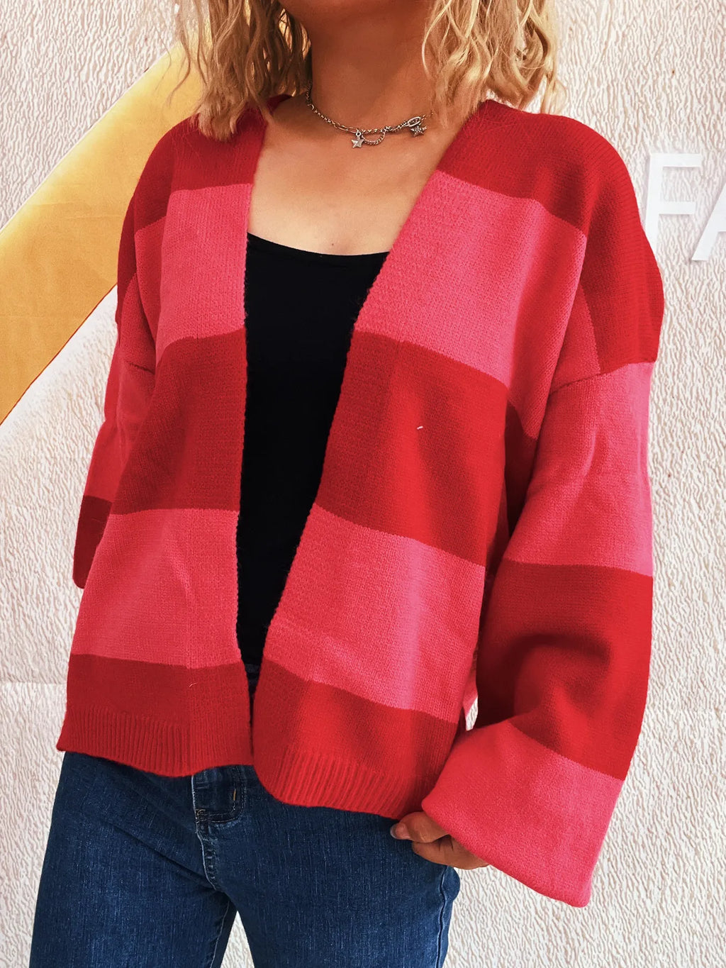 Women Color Block Open Front Cardigan