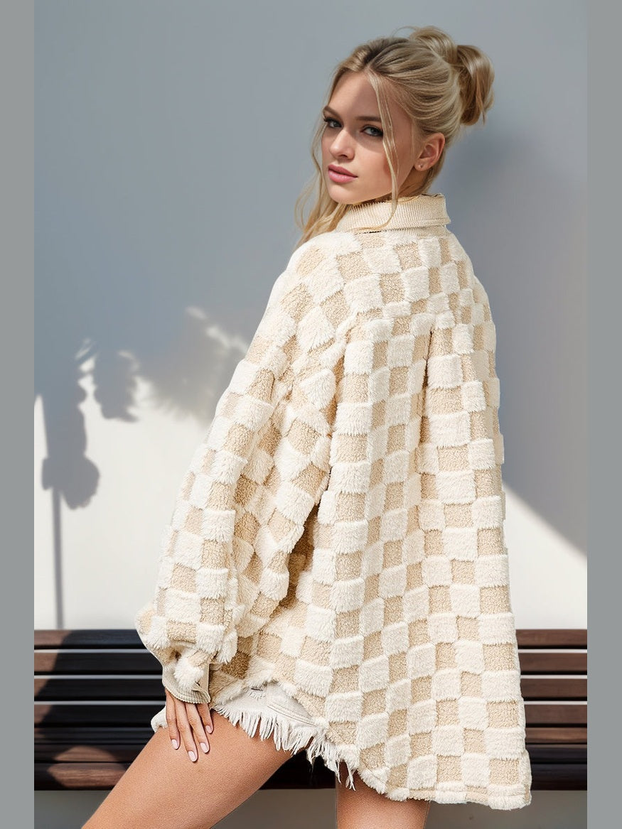 Women Double Take Button Up Fuzzy Checkered Shacket