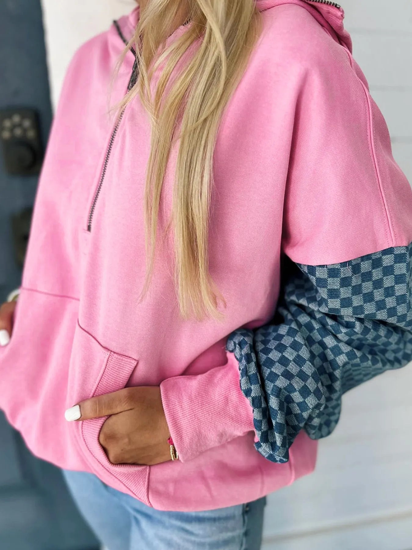 Women Half Zip Checkered Sleeve Hoodie