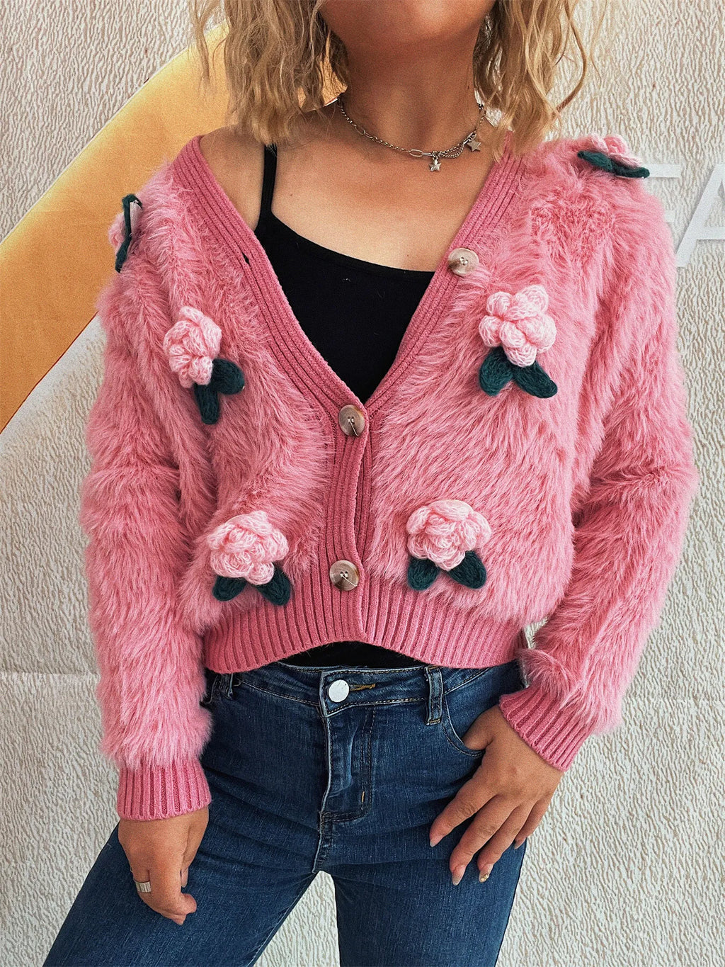 Women Flower Fuzzy Button-Up Cardigan