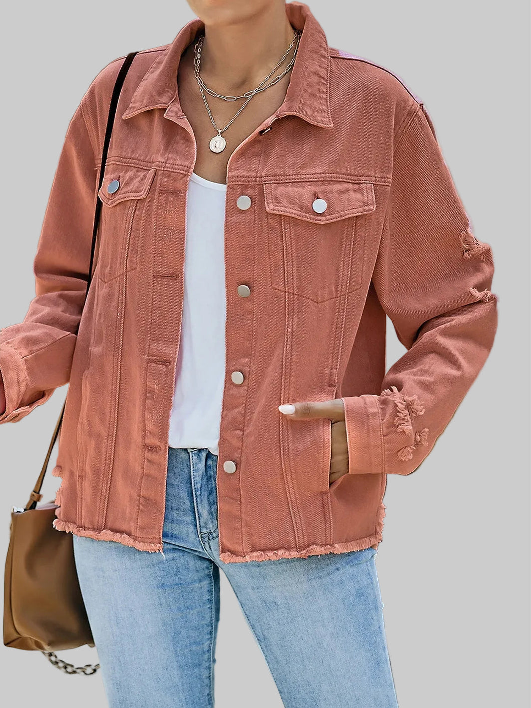 Distressed Raw Hem Denim Jacket