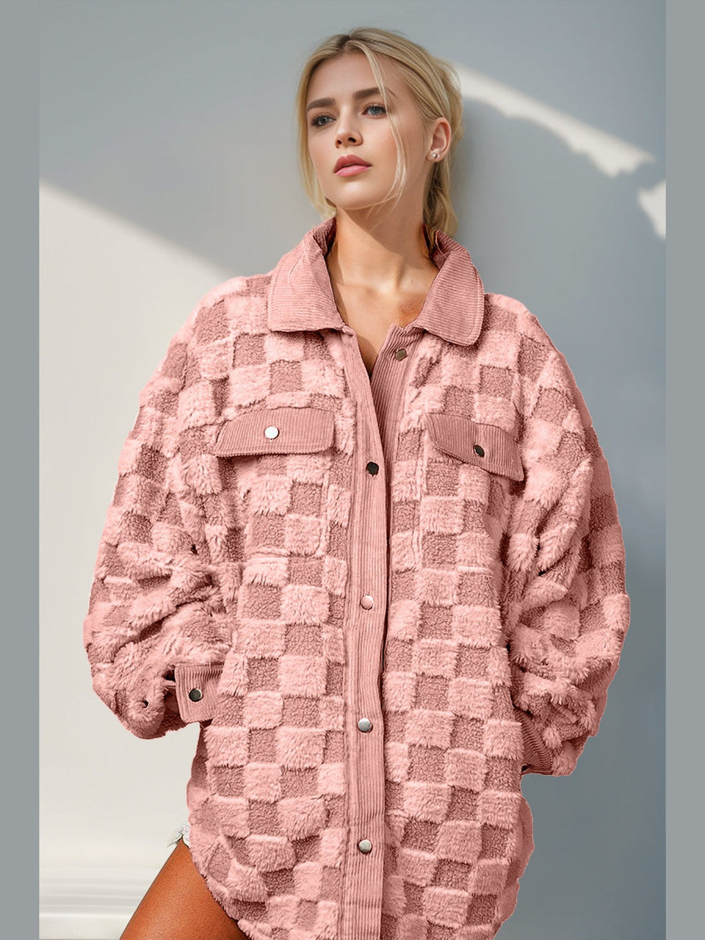 Women Double Take Button Up Fuzzy Checkered Shacket