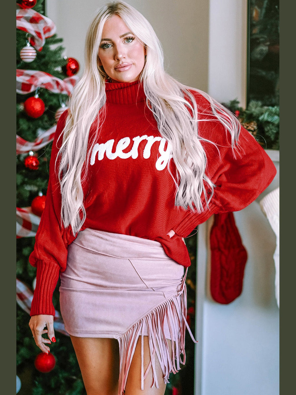 Women Double Take Full Size Merry Christmas Turtleneck Long Sleeve Sweater