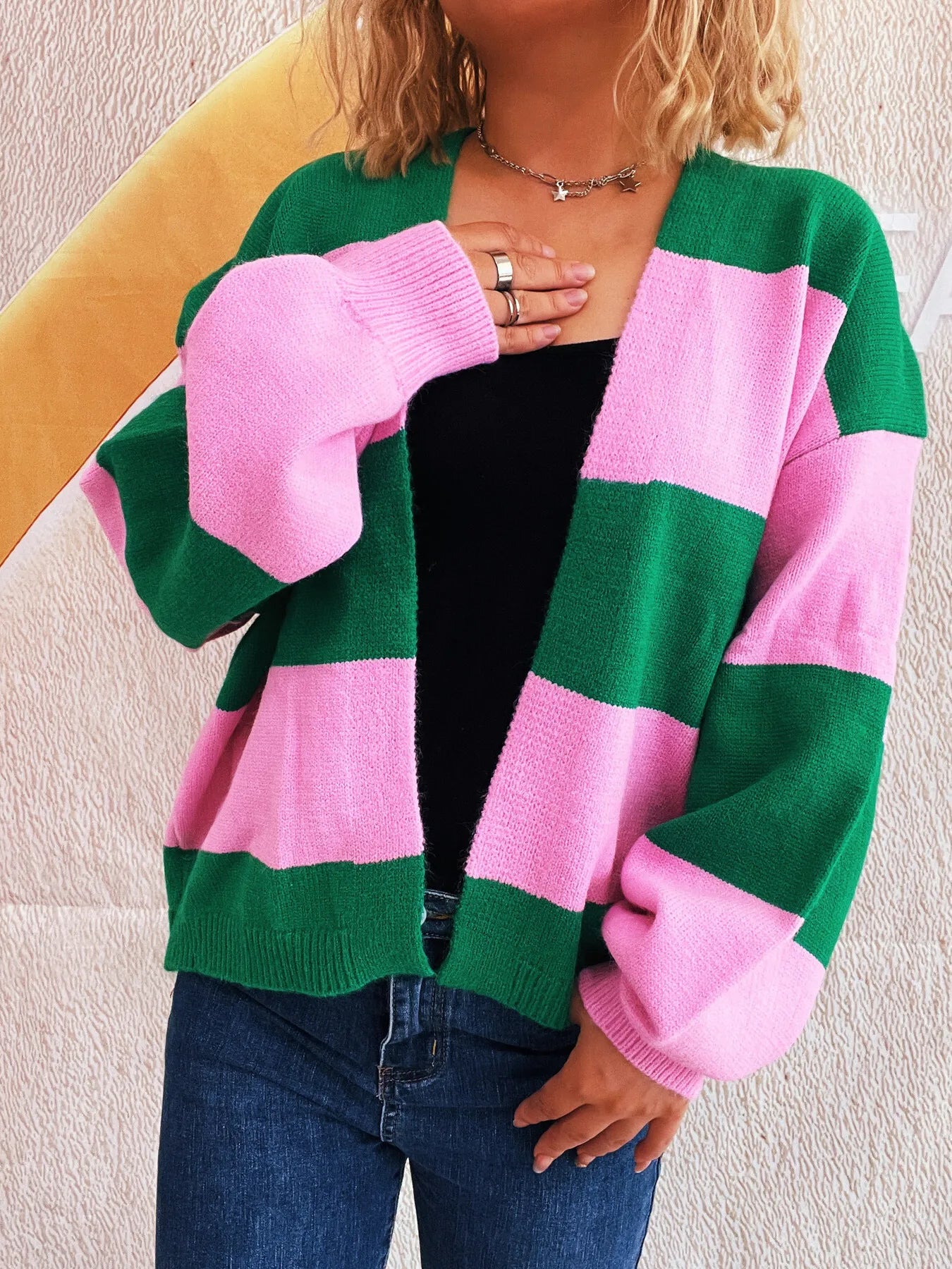 Women Color Block Open Front Cardigan