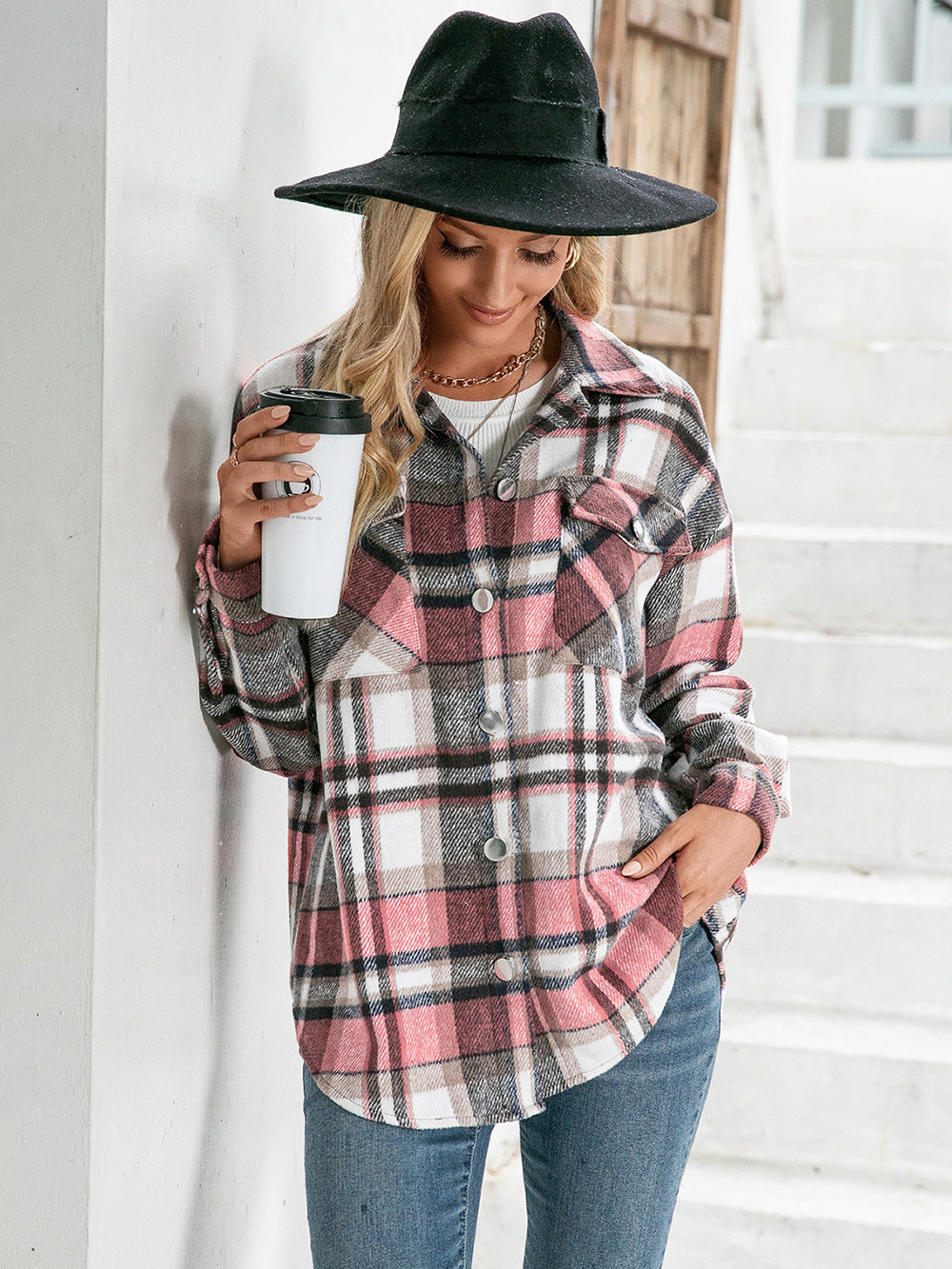 Women Ivy Lane Meet You Outside Plaid Button Down Curved Hem Shacket
