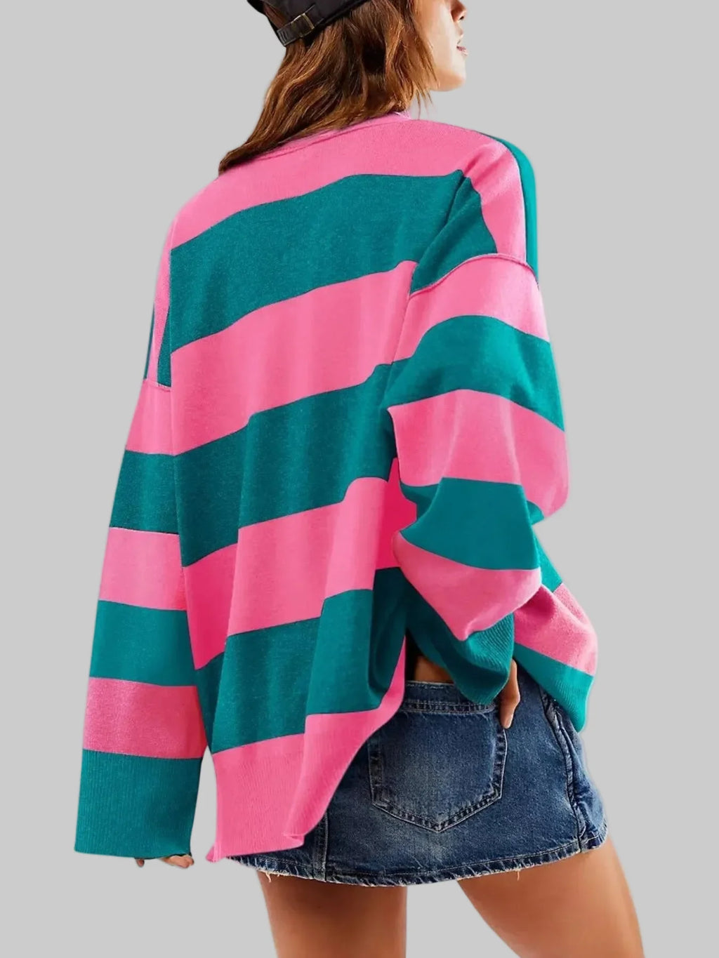 Women Striped Half-Zip Oversized Sweatshirt