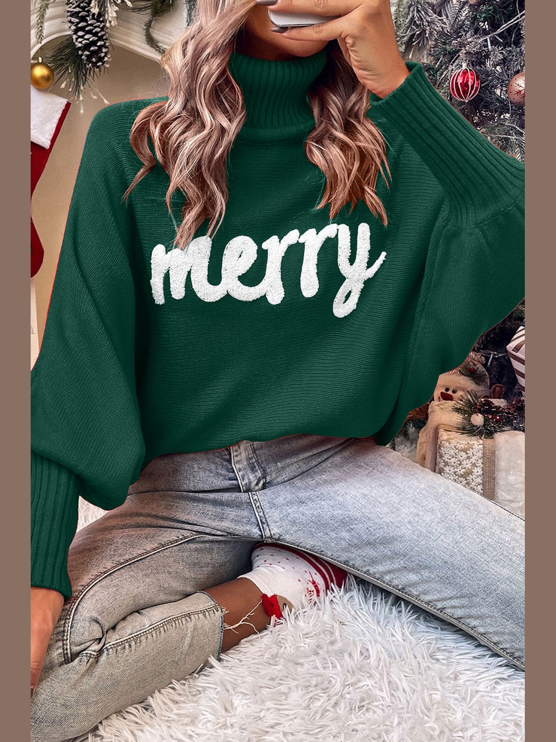 Women Double Take Full Size Merry Christmas Turtleneck Long Sleeve Sweater