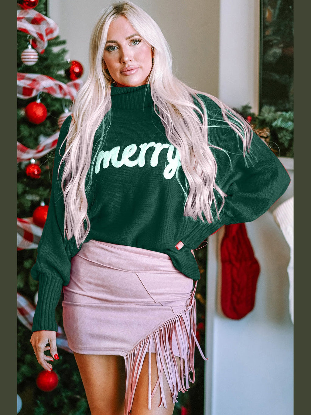 Women Double Take Full Size Merry Christmas Turtleneck Long Sleeve Sweater