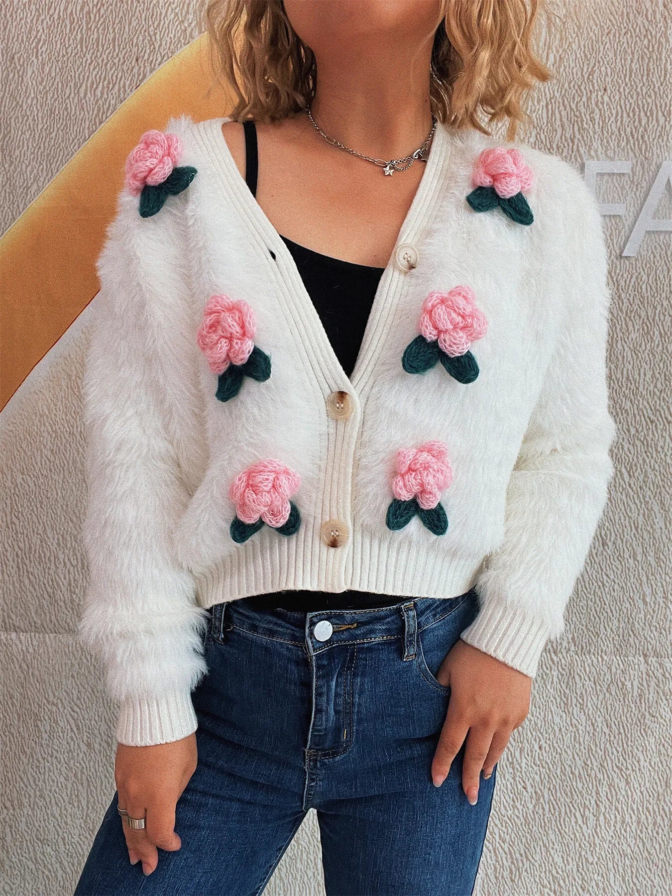 Women Flower Fuzzy Button-Up Cardigan