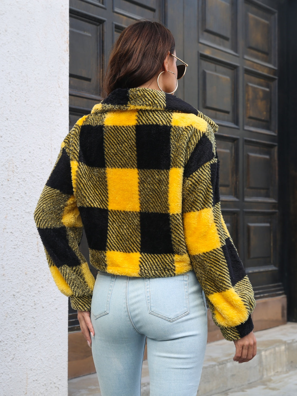 Women Plaid Dropped Shoulder Buttoned Jacket