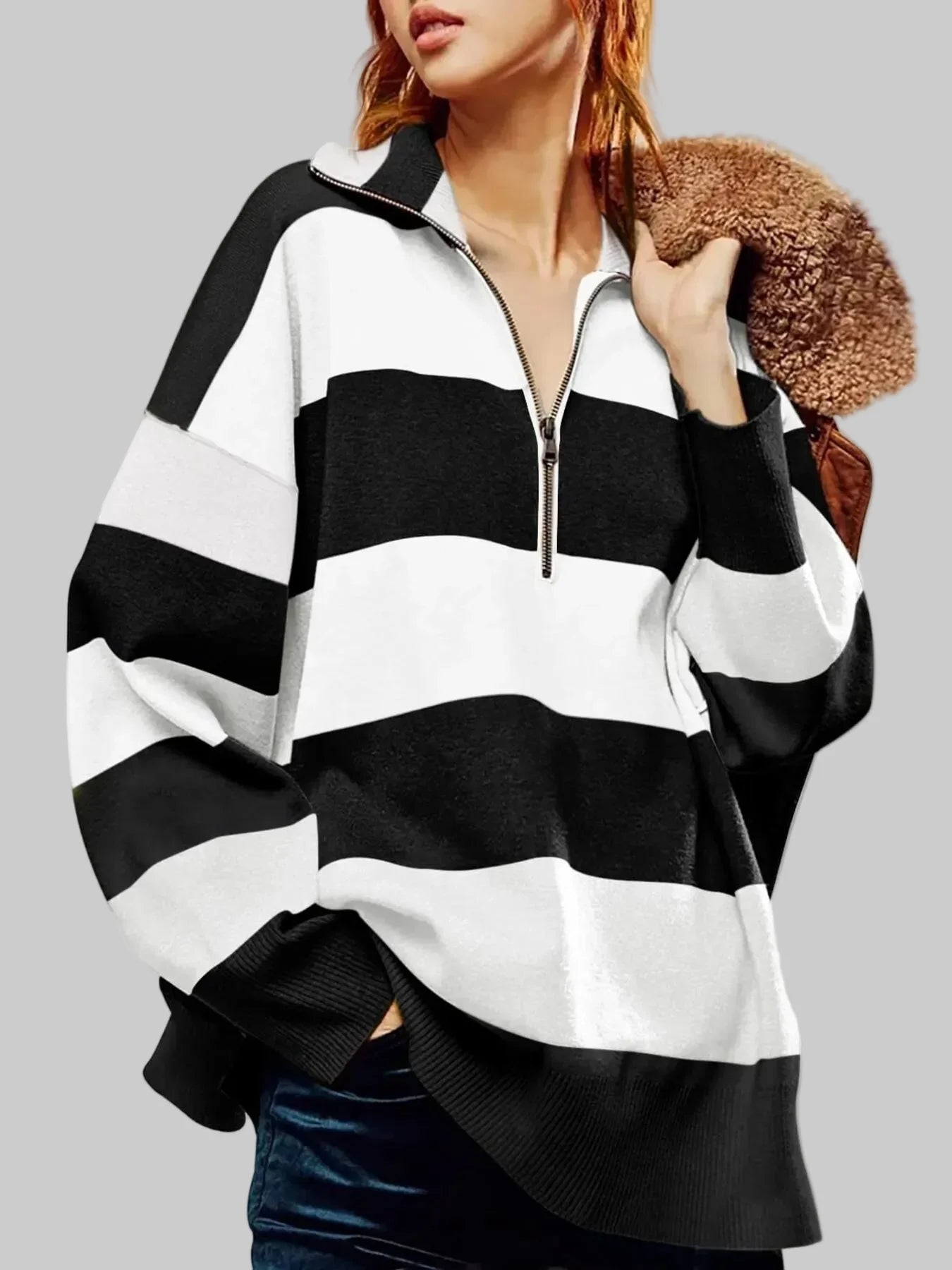 Women Striped Half-Zip Oversized Sweatshirt
