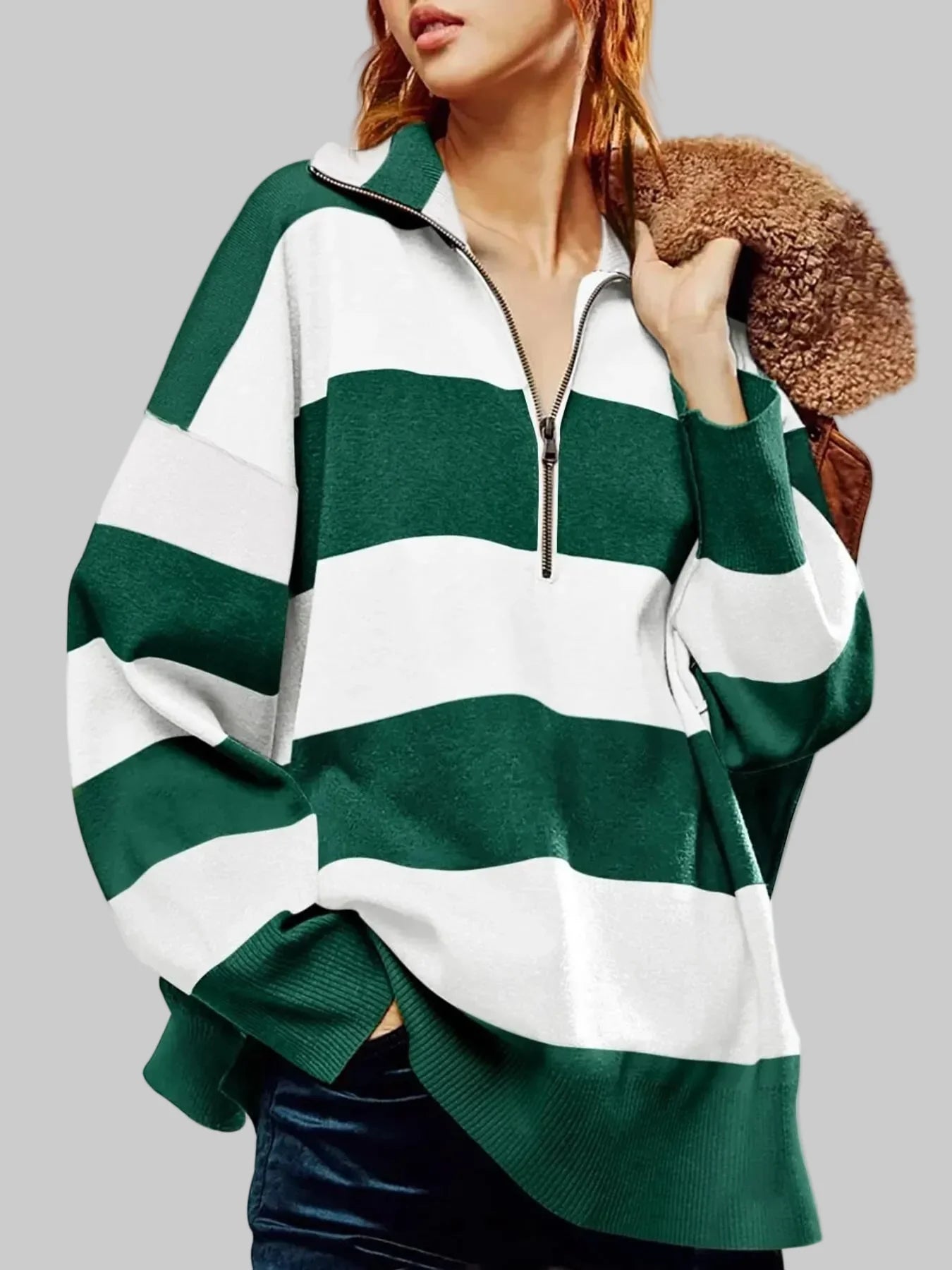 Women Striped Half-Zip Oversized Sweatshirt