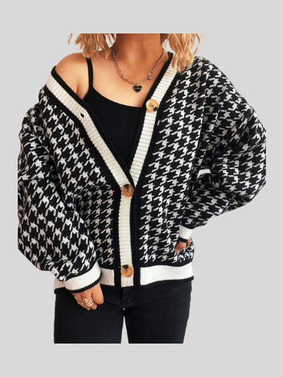 Women Houndstooth Pattern V-Neck Button-Up Cardigan Sweater