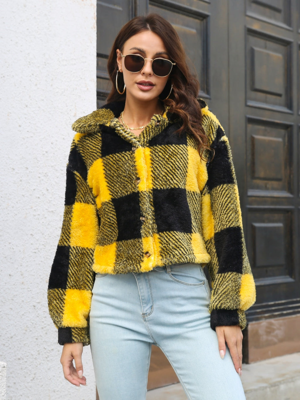Women Plaid Dropped Shoulder Buttoned Jacket
