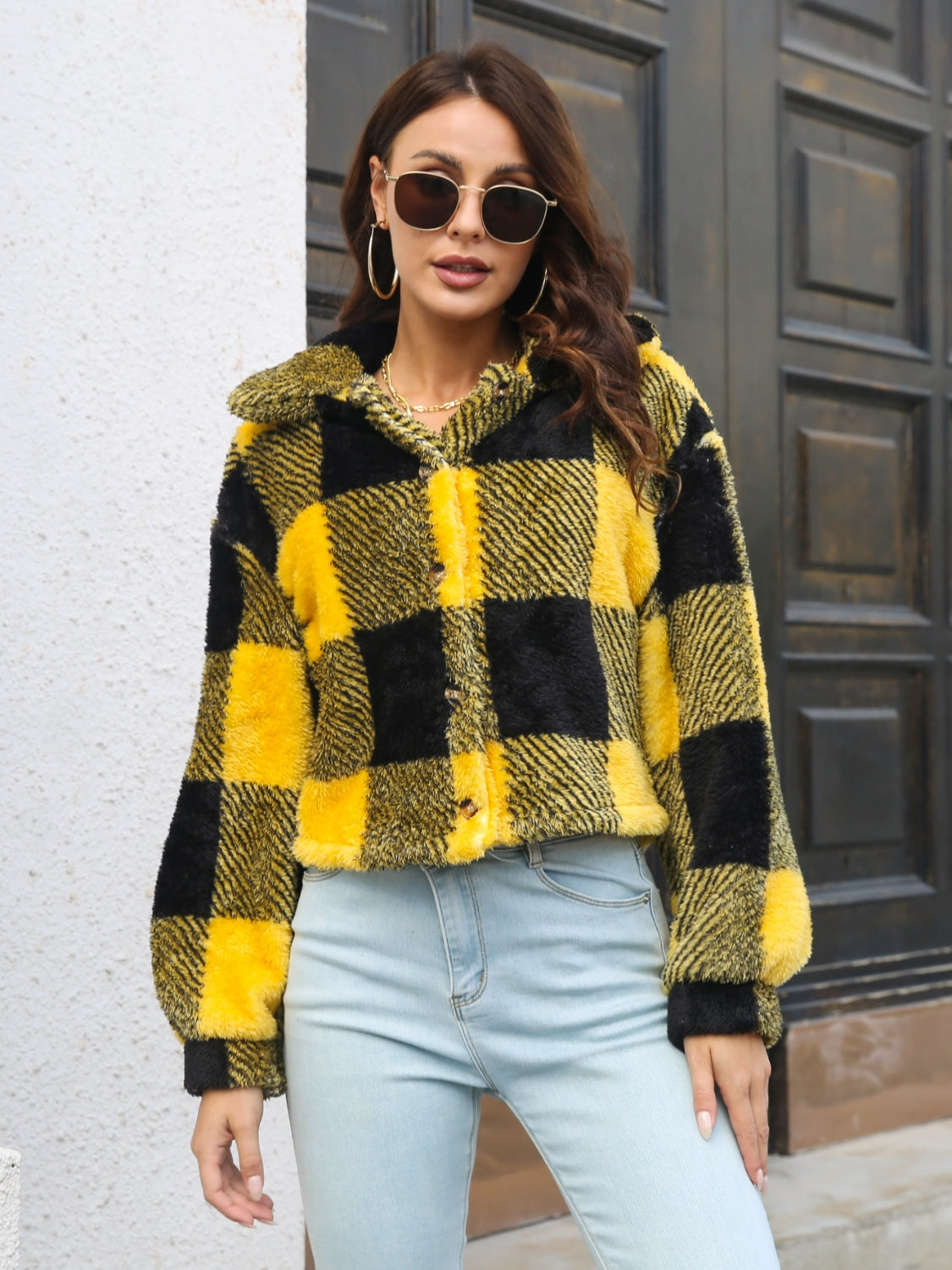 Women Plaid Dropped Shoulder Buttoned Jacket
