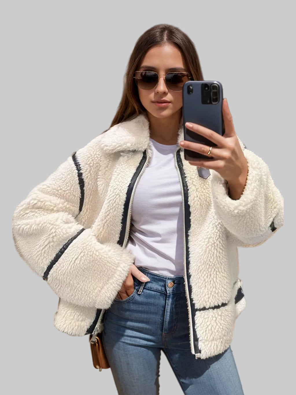 Women Zip Up Long Sleeve Sherpa Jacket