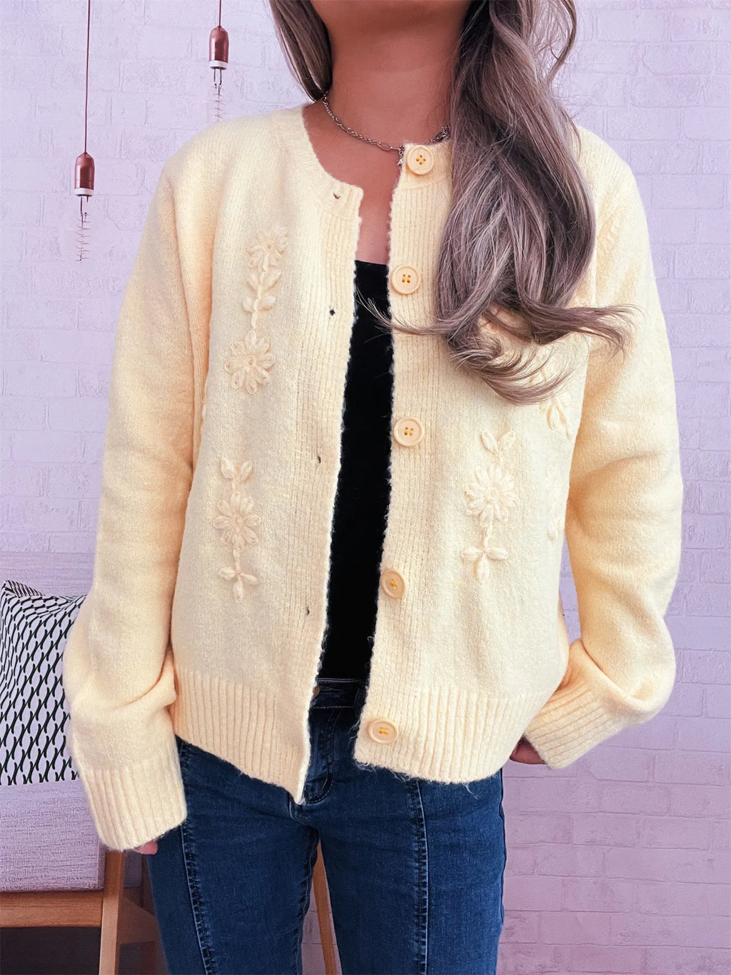 Flower Button Up Ribbed Hem Cardigan