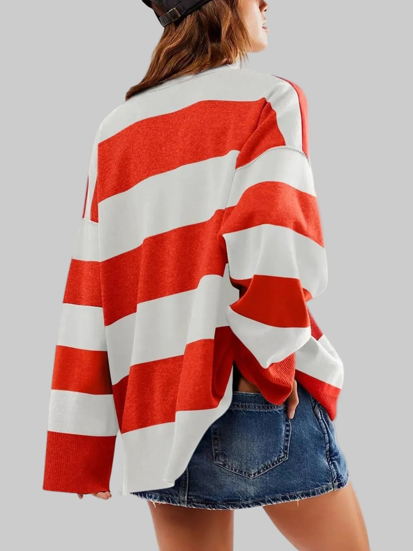 Women Striped Half-Zip Oversized Sweatshirt