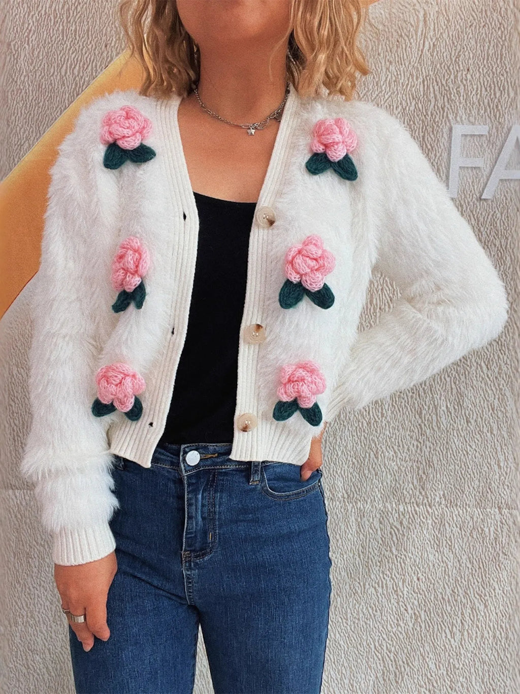 Women Flower Fuzzy Button-Up Cardigan