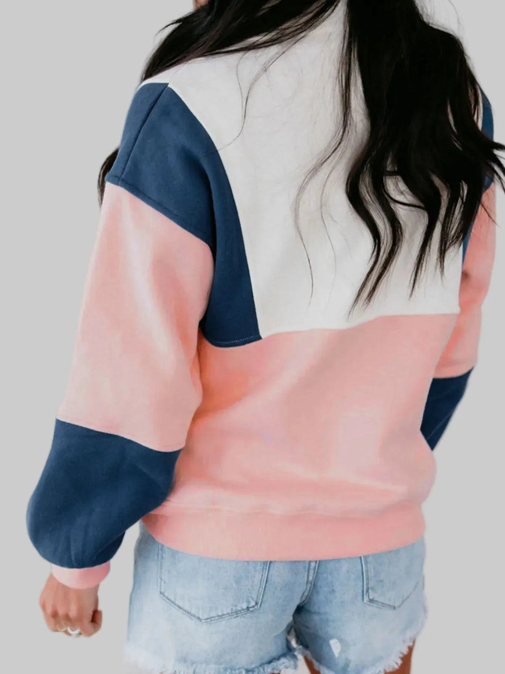 Women Color block Patchwork Half Button Baggy Sweatshirt