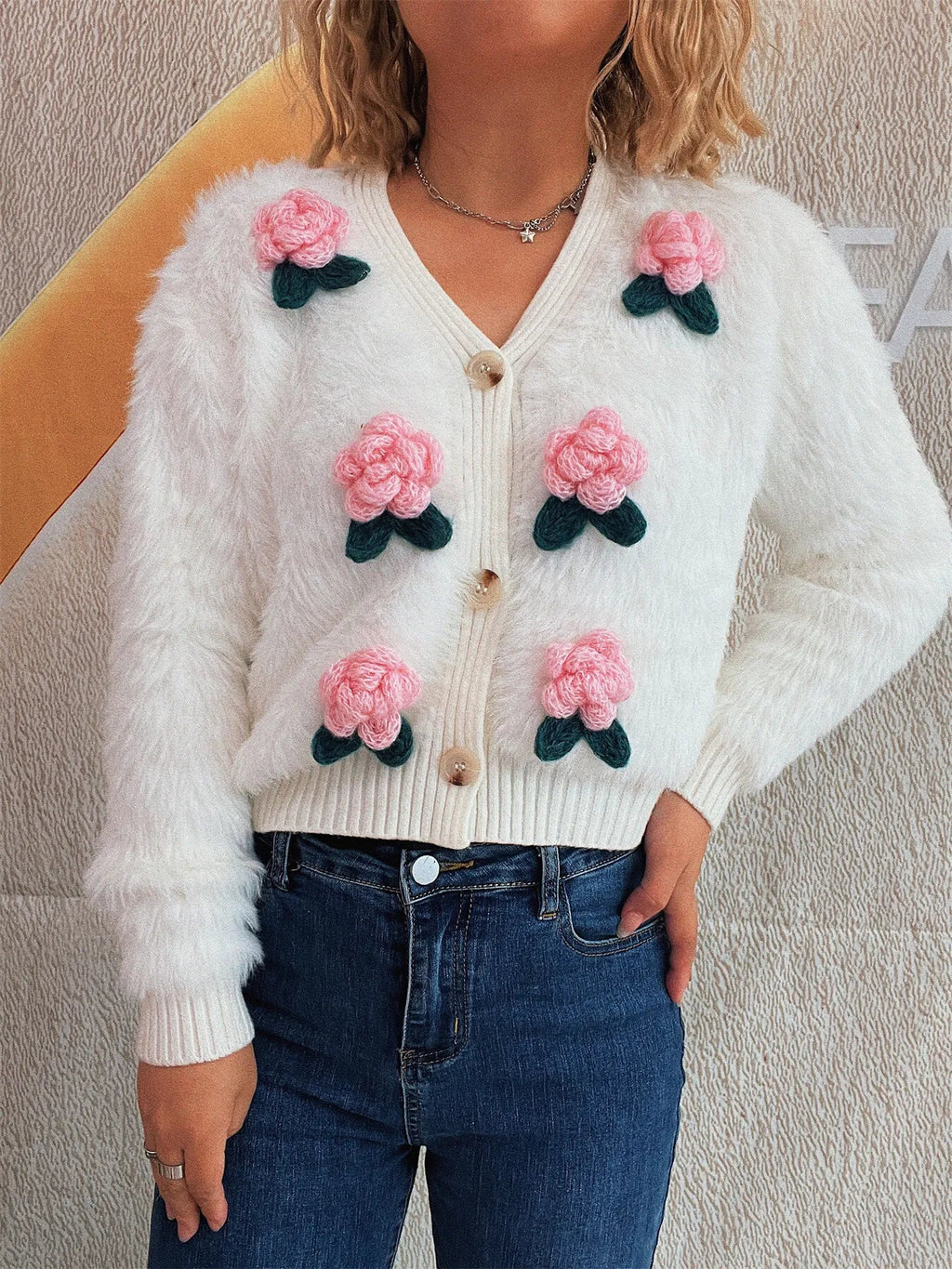 Women Flower Fuzzy Button-Up Cardigan