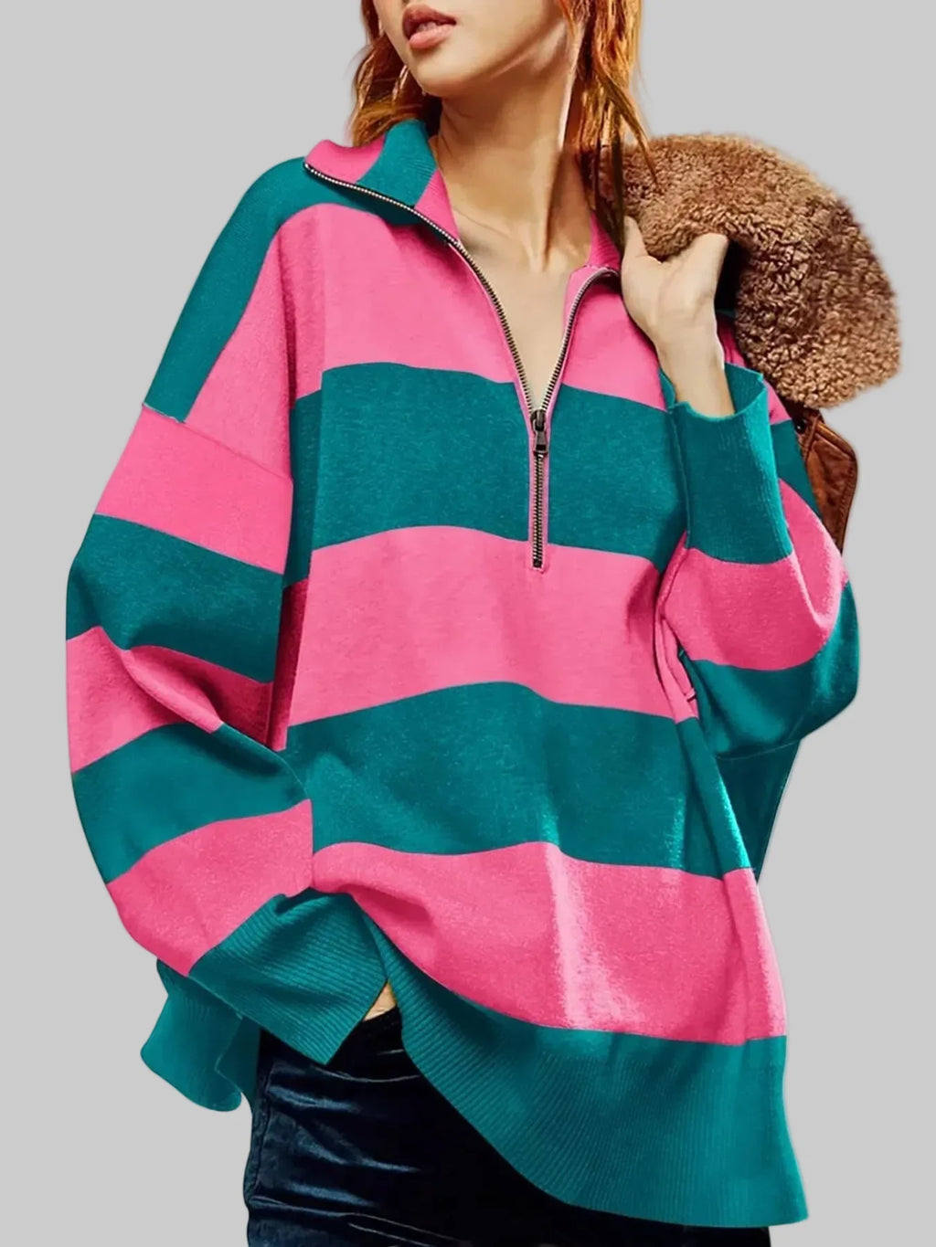 Women Striped Half-Zip Oversized Sweatshirt