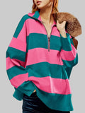 Women Striped Half-Zip Oversized Sweatshirt