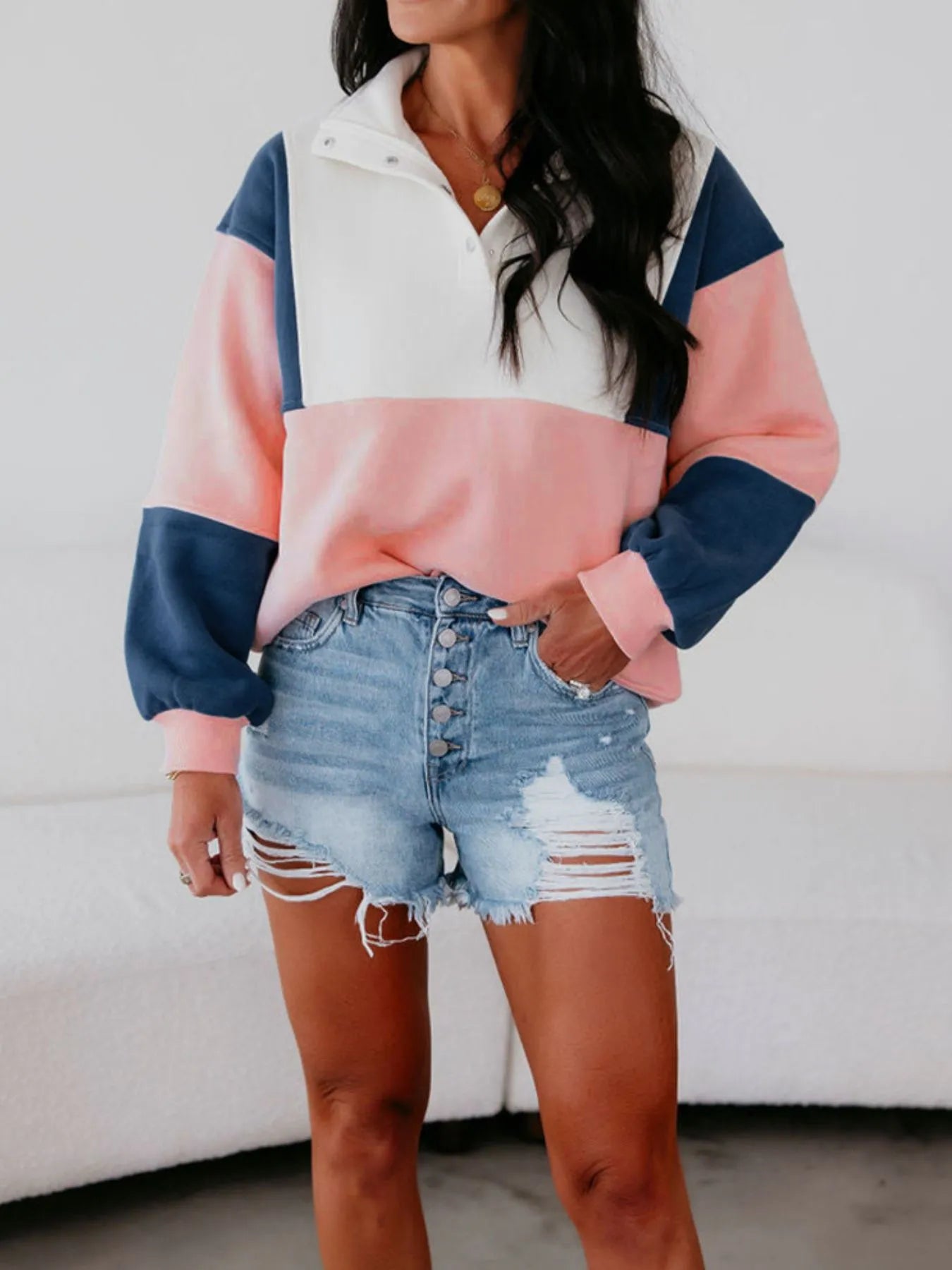 Women Color block Patchwork Half Button Baggy Sweatshirt