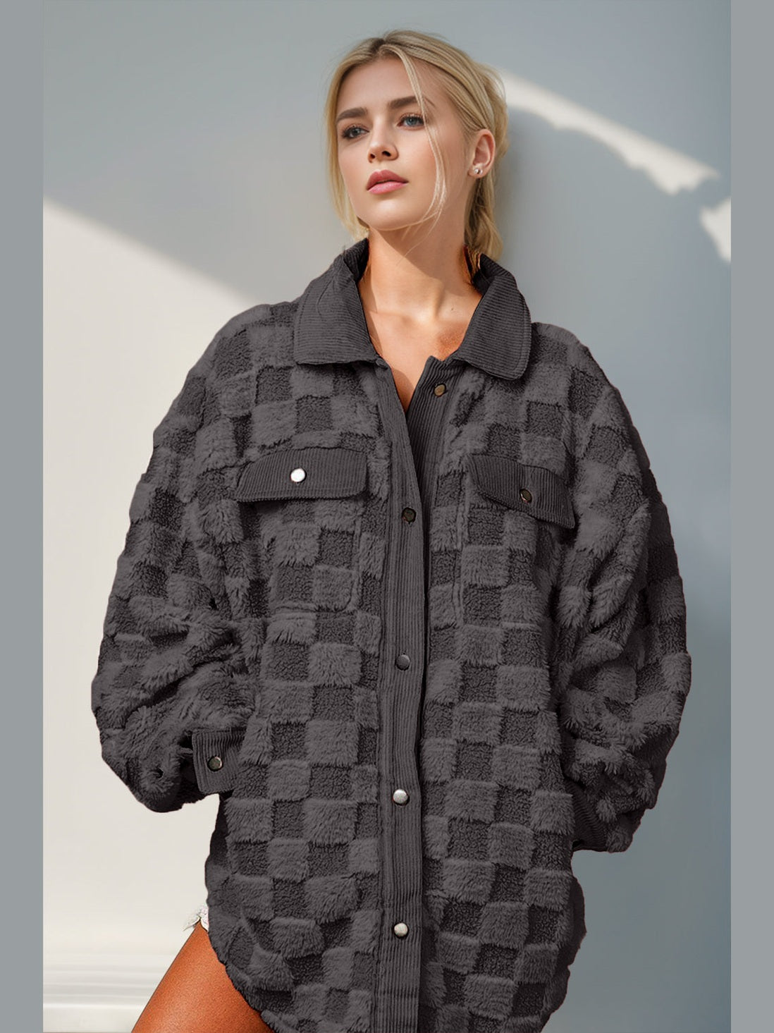 Women Double Take Button Up Fuzzy Checkered Shacket