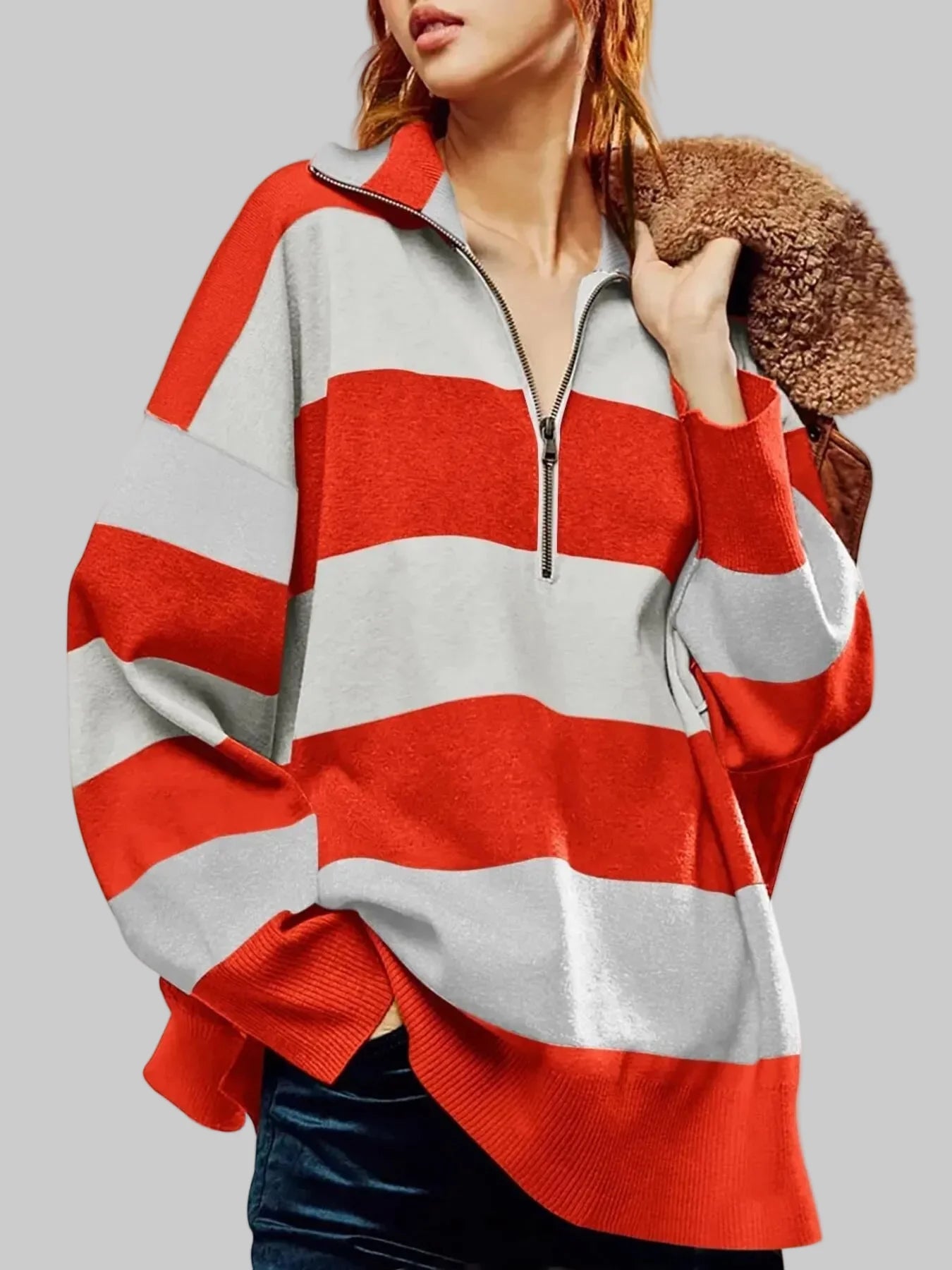 Women Striped Half-Zip Oversized Sweatshirt