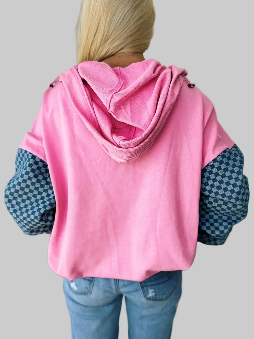Women Half Zip Checkered Sleeve Hoodie
