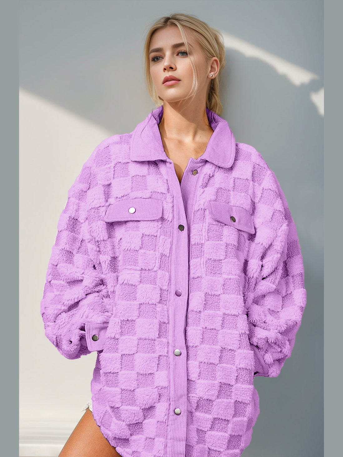 Women Double Take Button Up Fuzzy Checkered Shacket