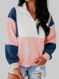 Women Color block Patchwork Half Button Baggy Sweatshirt