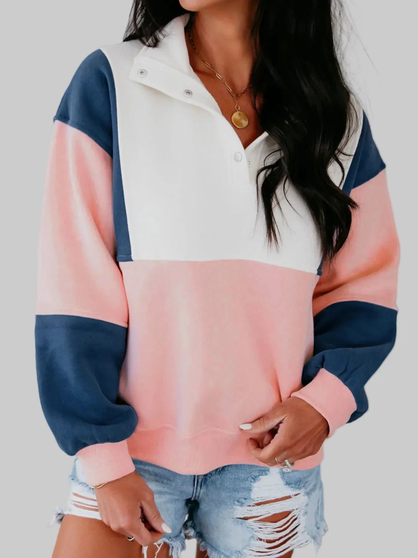 Women Color block Patchwork Half Button Baggy Sweatshirt