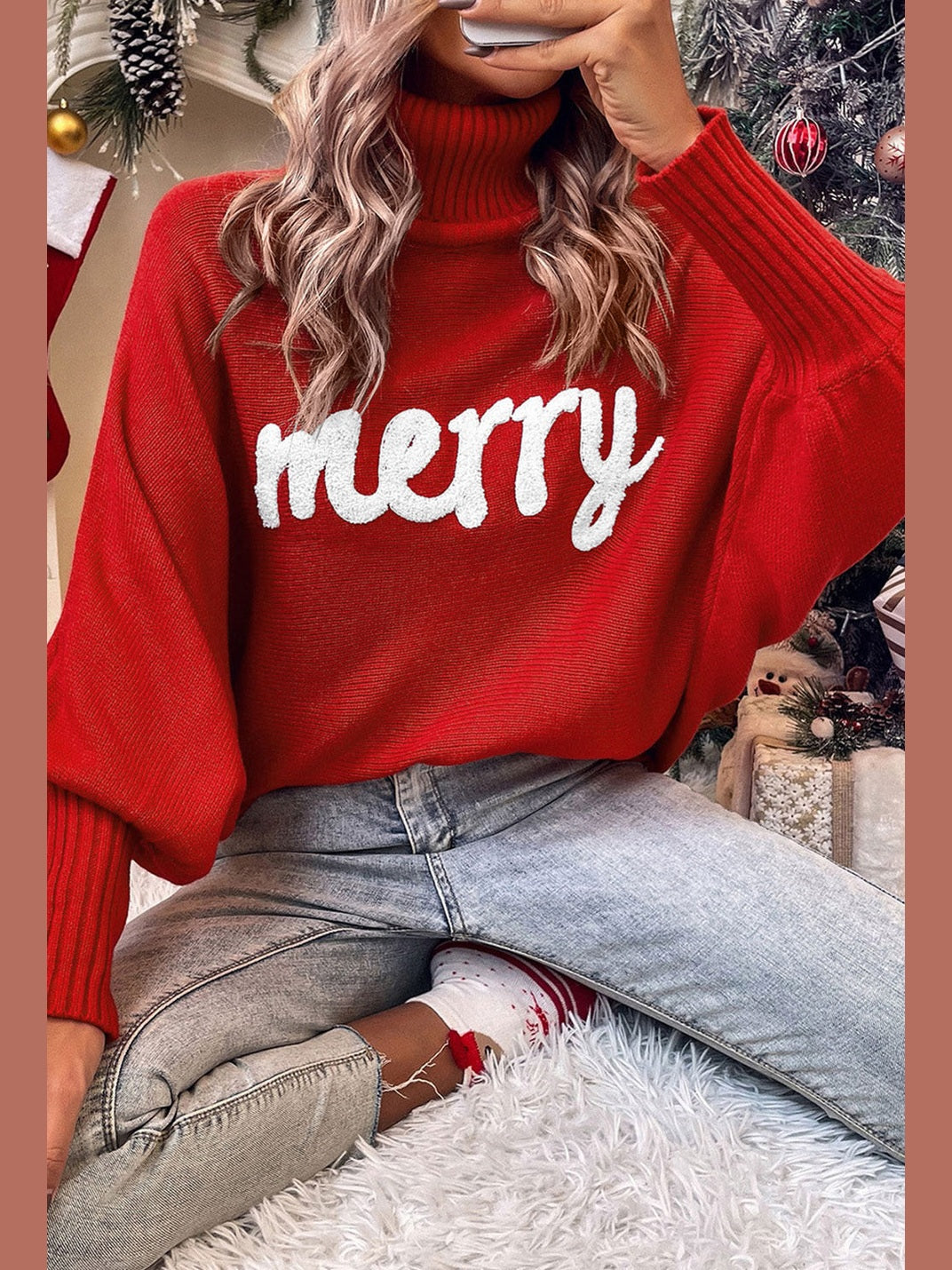 Women Double Take Full Size Merry Christmas Turtleneck Long Sleeve Sweater
