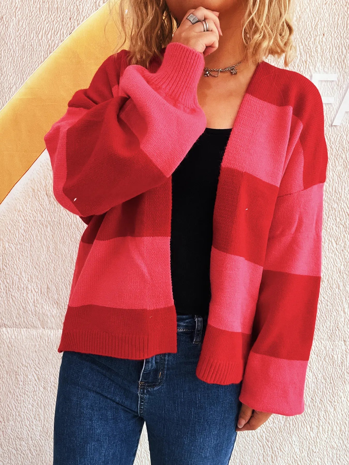 Women Color Block Open Front Cardigan