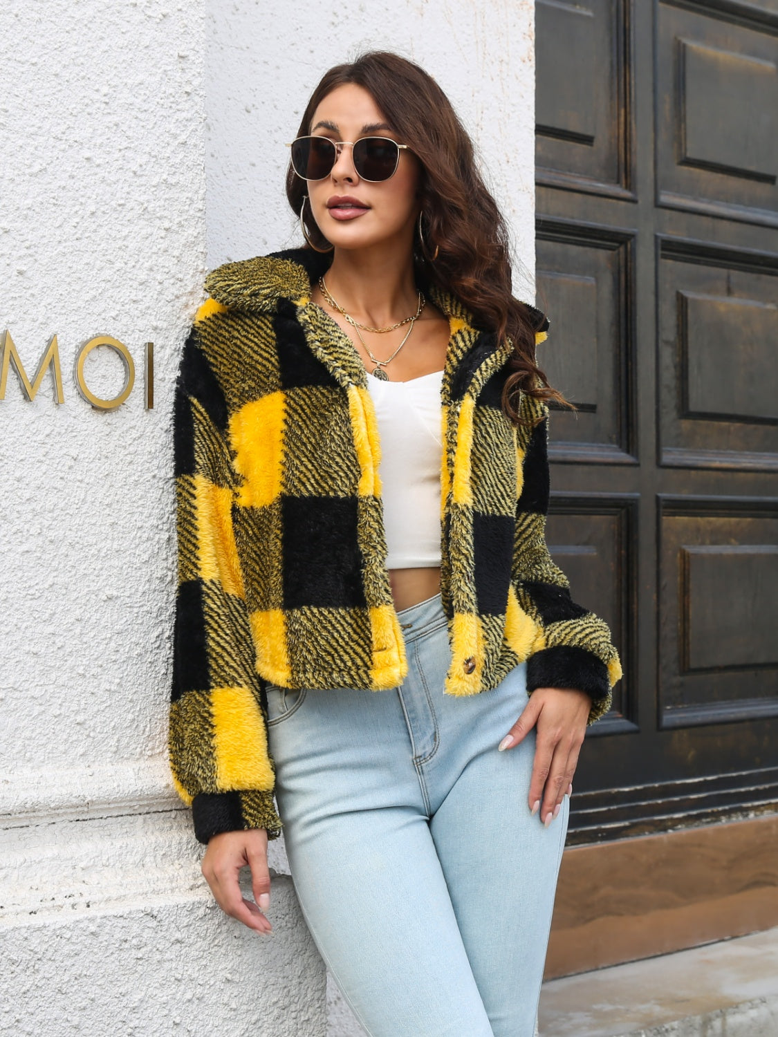 Women Plaid Dropped Shoulder Buttoned Jacket