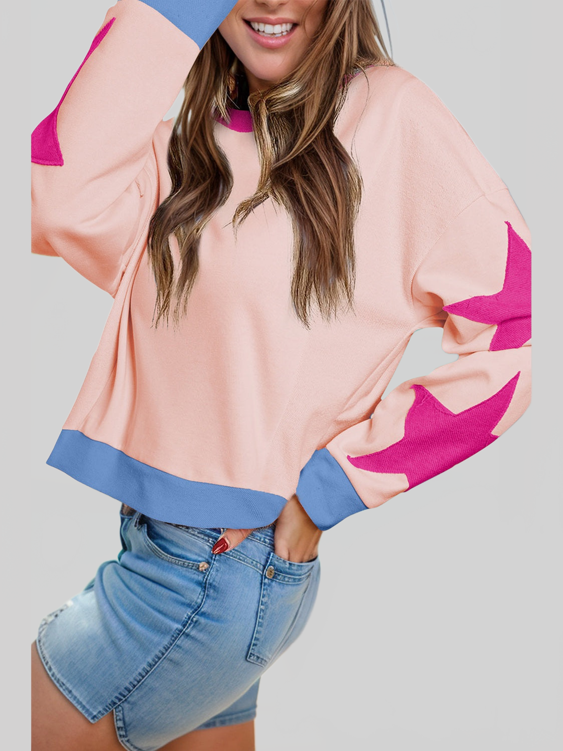 Women Star Contrast Round Neck Long Sleeve Sweatshirt