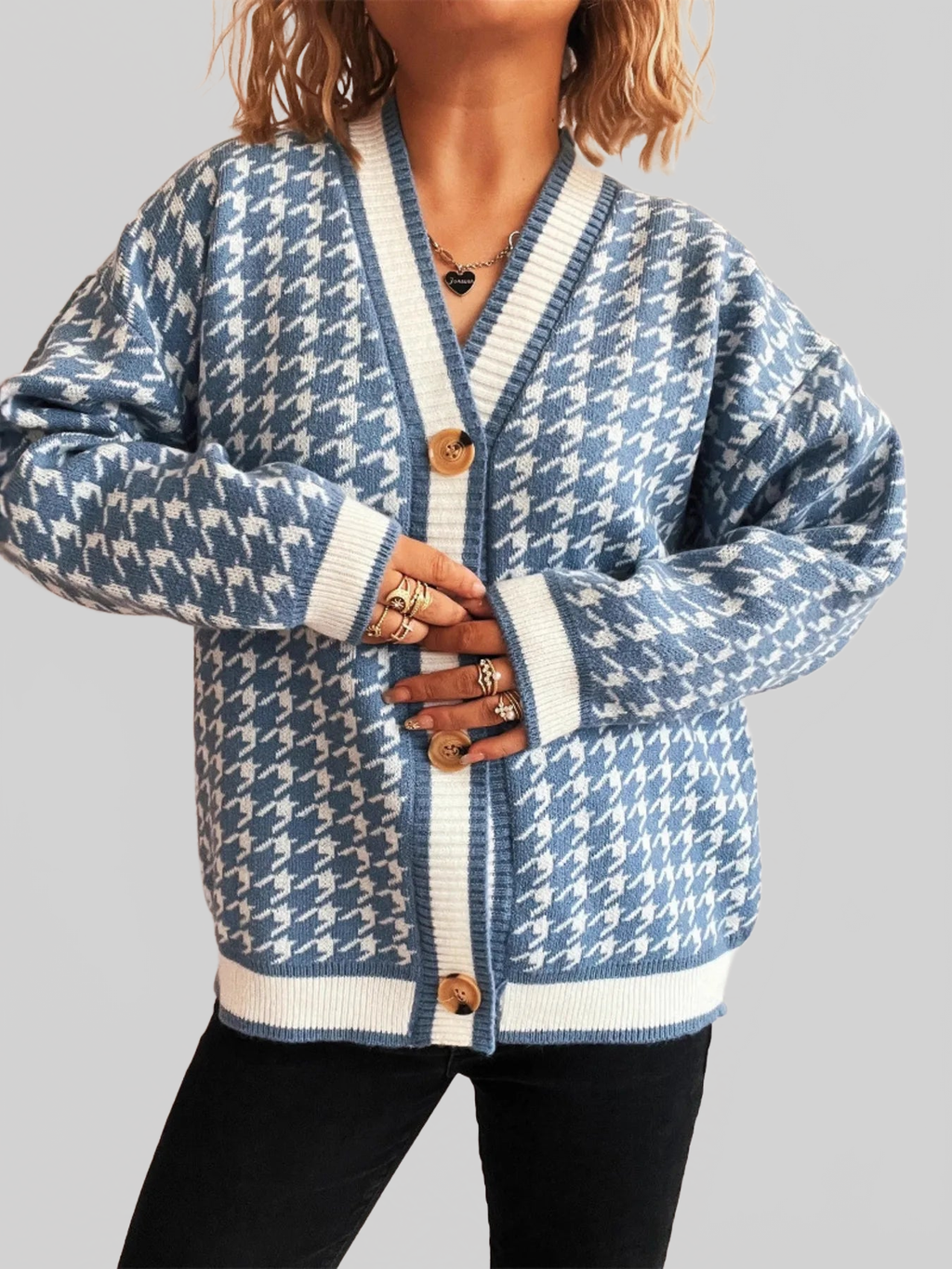Women Houndstooth Pattern V-Neck Button-Up Cardigan Sweater