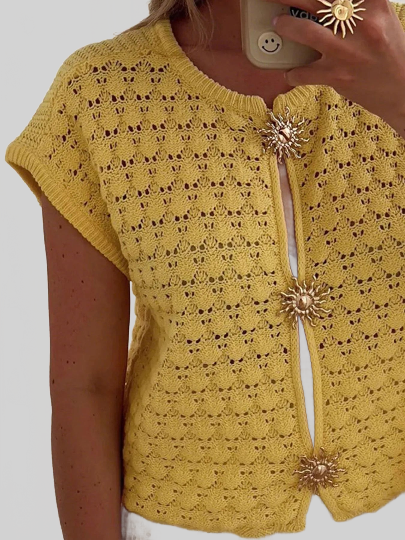 Crochet Short Sleeve Button Front Cardigan