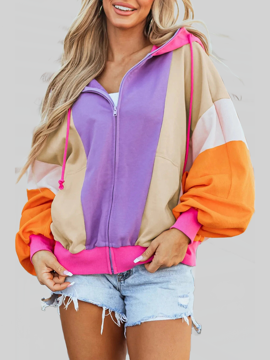 Women Drawstring Color Block Zip Up Long Sleeve Hoodie