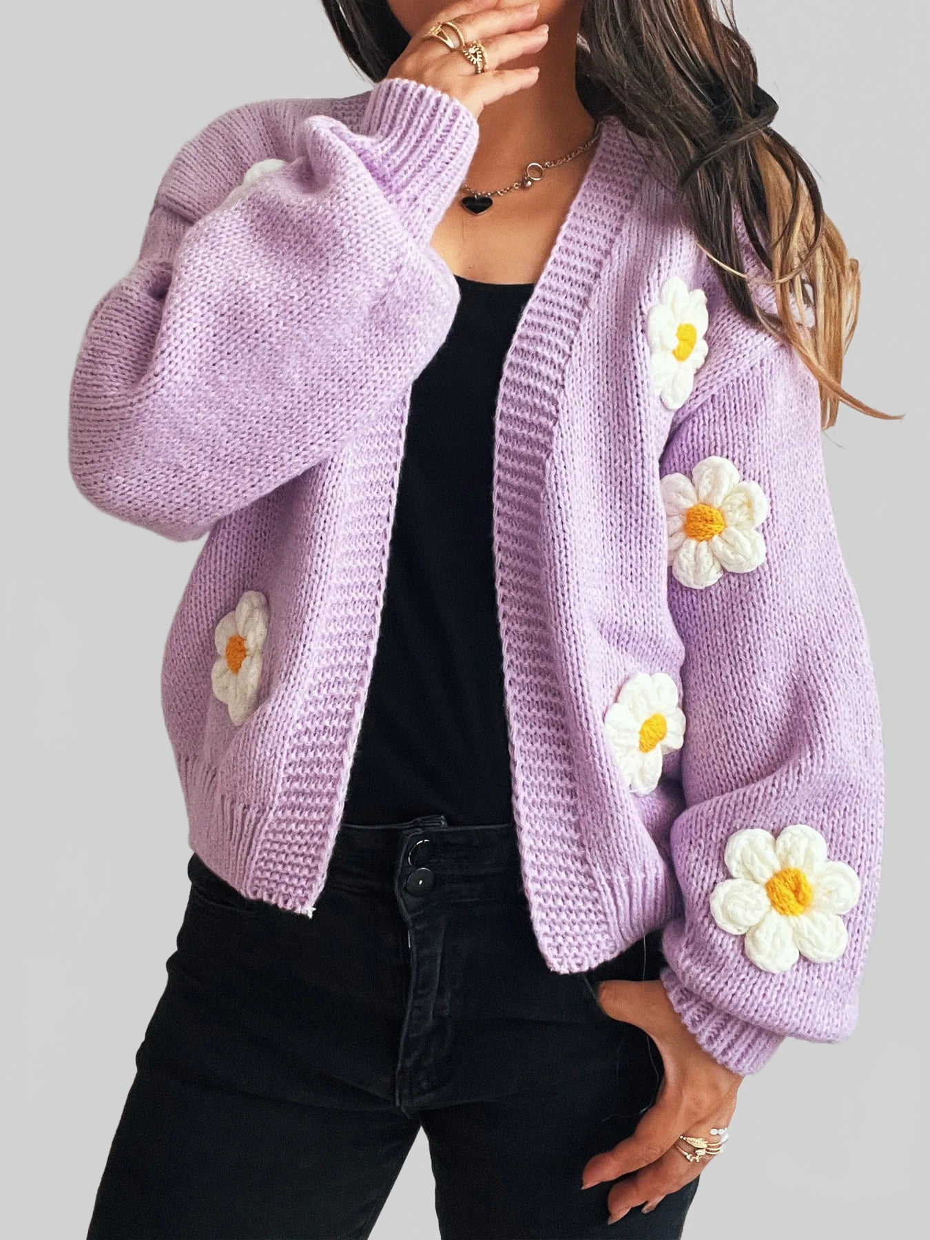 Flower Open Front Long Sleeve Cardigan