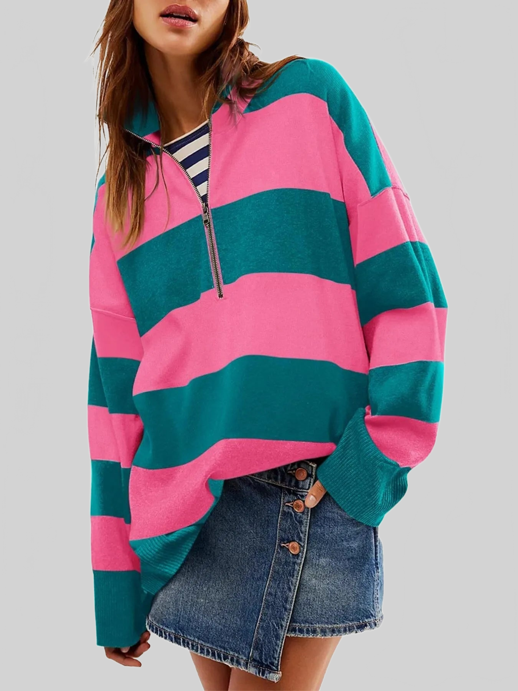 Women Striped Half-Zip Oversized Sweatshirt